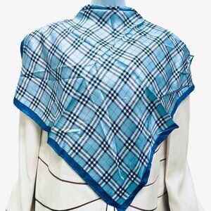 UniSex-Burberry  London 100% Silk Satin  scarf 23"  blue black white check   (64